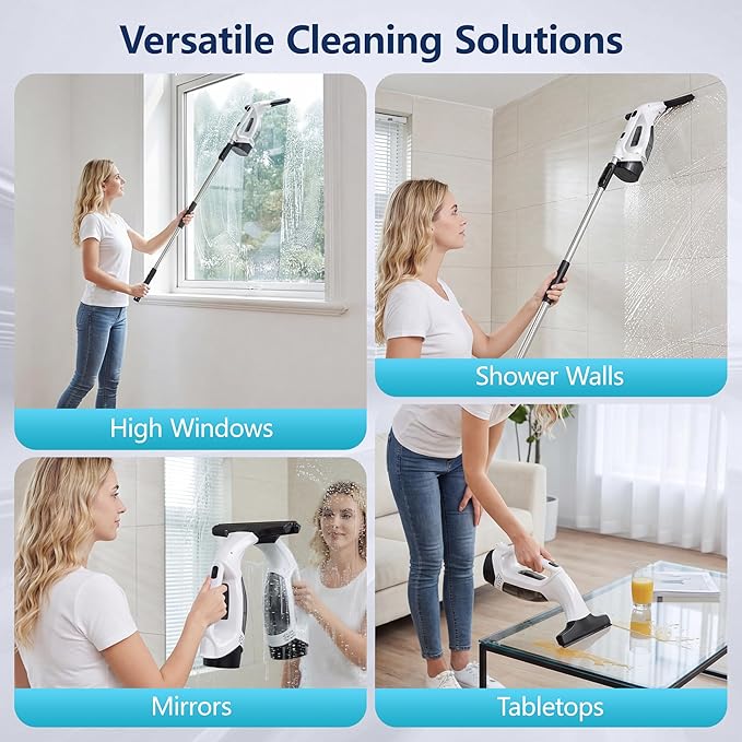 Window Vacuum Squeegee with Extendable Pole 31-40", 2000Pa Electric Window Cleaning Tool with 2200mAh and 150ml Dirty Water Tank, Long Handle Squeegee for Shower Glass, Window Cleaning (White)