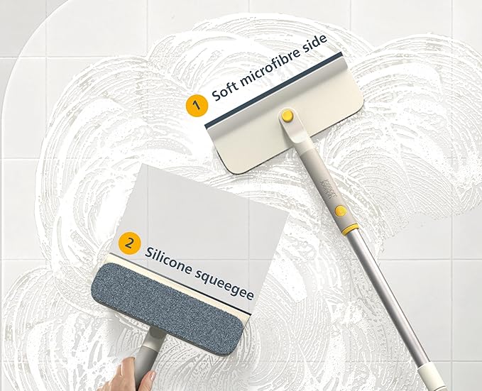 Joseph Joseph CleanTech 2-in-1 Glass Cleaner Shower Squeegee with Washable Microfiber Pad and Space-Saving Foldable Handle