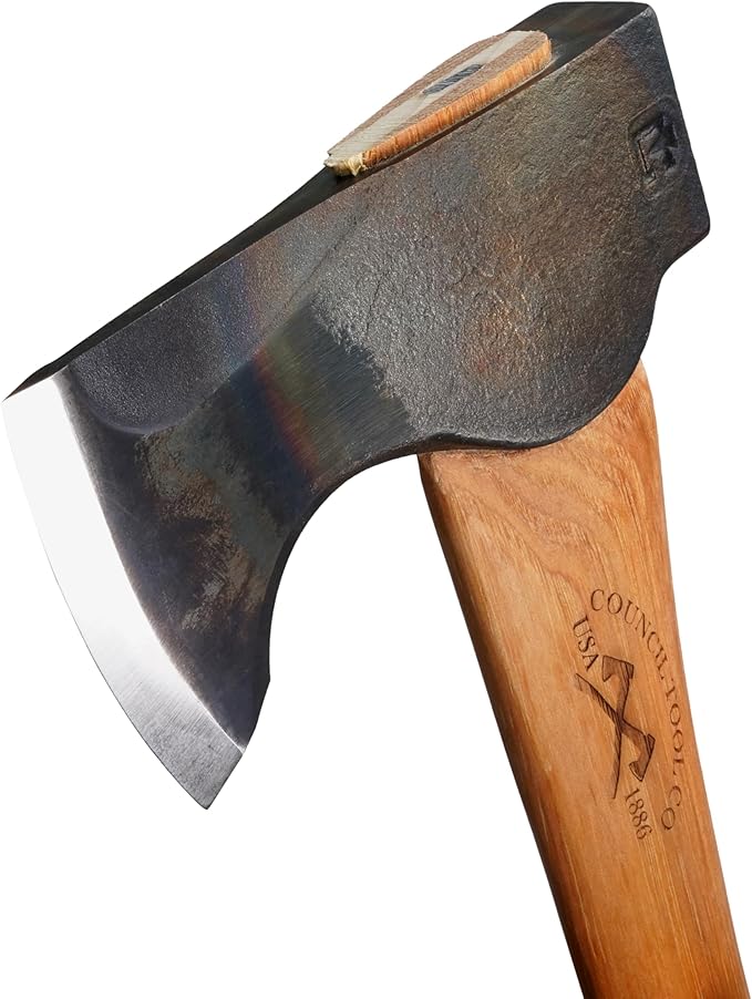 COUNCIL TOOL Wood-Craft Pack Axe - 2 lb Camping Axe, 24" Curved Hickory Handle with Leather Sheath, Made in The USA - WC20PA24C