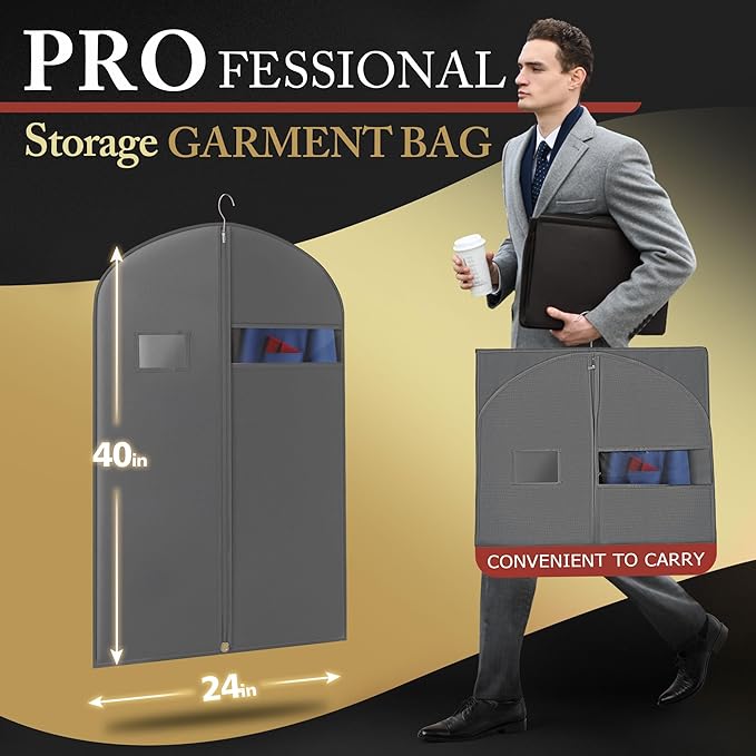 10 Pack 40-inch Suit Bag Garment Bag for Travel and Storage, Garment Bags for Hanging Clothes with Zipper and Visible Transparent Window, Gray