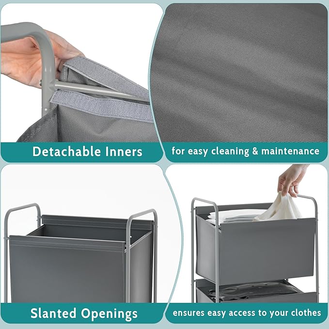 125L Vertical Laundry Hamper with Wheels, 3 Section Large Rolling Laundry Sorter with Detachable Inners, Metal Clothes Hamper Laundry Baskets Organizer for Bathroom, Bedroom, Dorm (Gray)