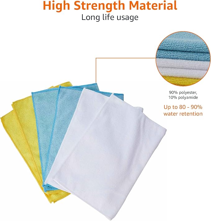 Amazon Basics Microfiber Cleaning Cloths, Ultra Absorbent, Scratch-Free, Highly Absorbent, Non-Abrasive, Reusable and Washable, 16" x 12", Blue/White/Yellow, 36-Pack