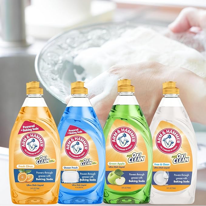 Arm & Hammer Ultra Dish Soap Variety Pack, 4-Pack (24oz Each) – Citrus, Ocean Fresh, Crisp Apple & Free & Clear – Powerful Grease Cleaning, Fresh Scents