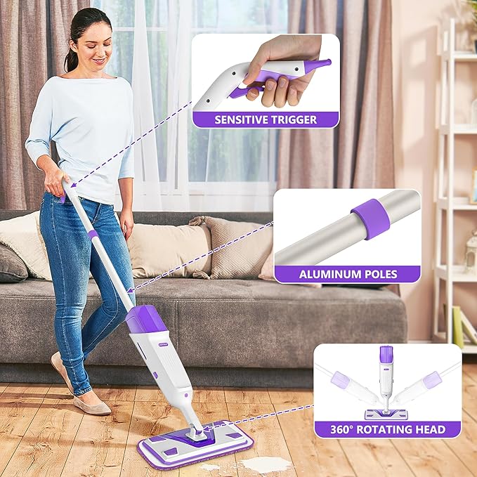 Double Bottle Spray Mop Series - Enspoway Dust Floor Mop with Washable Pads x3 for Wet Dry Home Bathroom Office Commercial for Hardwood Laminate Wood Marble Tiles Ceramic Floor Cleaning
