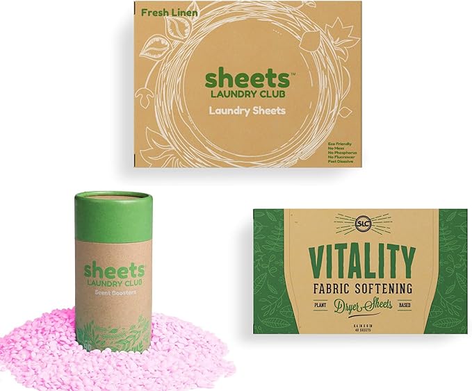 Sheets Laundry Club Bundle - 50 Pack (up to 100 loads) Fresh Linen Detergent Sheets, 40 Pack Free & Clear Dryer Sheets & 8 Oz. Uncharted Waters Scent Booster - New Liquidless Technology