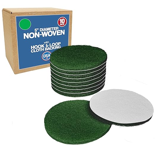 5" Abrasive Pad Hook & Loop Round Non-Woven Surface Prep Discs for Wood, Metal, Paint Stripping, Rust Removal, Deburring, Clean Soiled Surfaces, Coarse Scuff Pads - 240 Grit - 10 Pack (Green)