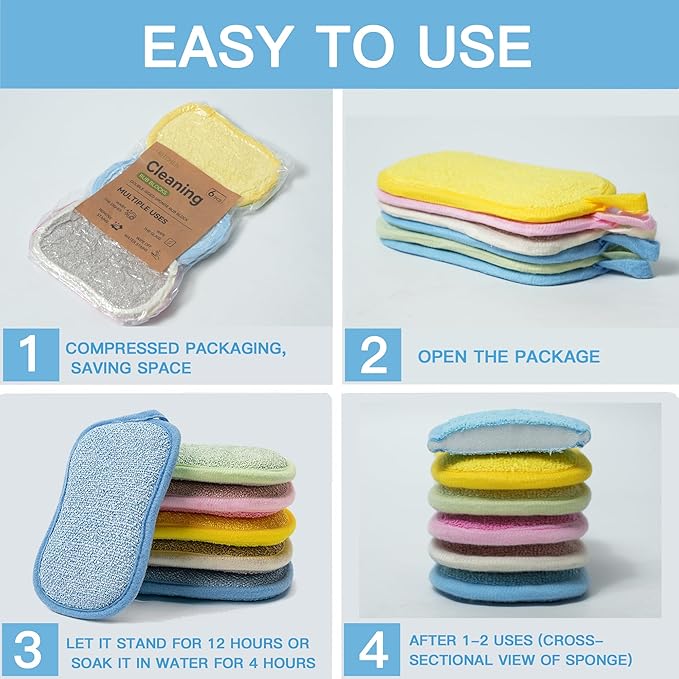 Dish Sponge Kitchen Sponges,Scrub Sponges,Double Sided Cleaning,Non Scratch,Ultra fine Fiber Wiping+Stainless Steel Wire to Remove Stubborn Stains,Durable Thickening (Large 6-Pack)