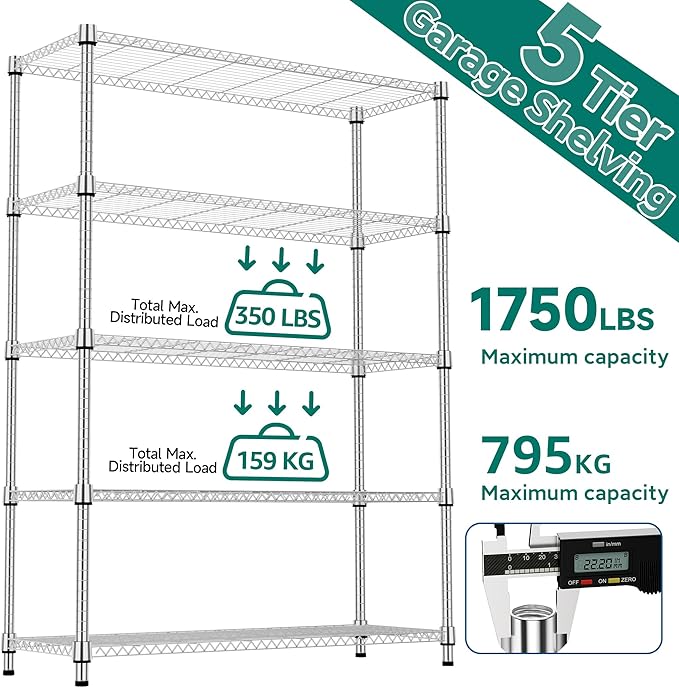 M MZG 1750LBS 47.2" W 5 Tiers Shelf Steel Storage Shelves Metal Shelving Unit Steel Organizer Wire Rack for Home,Kitchen,Office,Garage Chrome 17.7" D x 47.2" W x 72.4" H
