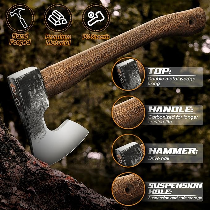 Dream Reach Hatchet Axe 14.5" Camping Hatchet with Sheath Bushcraft Axe with Carbonized Handle, Hand Forged Carving Axes, Splitting Hatchets for Chopping Wood, Gardening, for Men