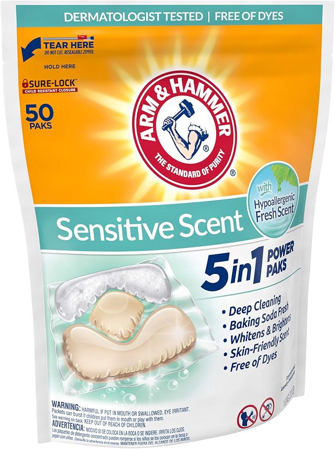 Arm & Hammer Sensitive Scent 5-in-1 Laundry Detergent Power Paks, 50 Count, Fresh