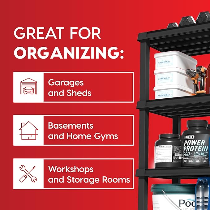 IRIS USA 5-Shelf Heavy Duty Plastic Storage Shelves, 750lb Capacity, 68" H x 36" W x 18" D, Large Modular Shelving Unit Storage Organizer for Garage, Home, Warehouse & Gym, Storage Rack - Black