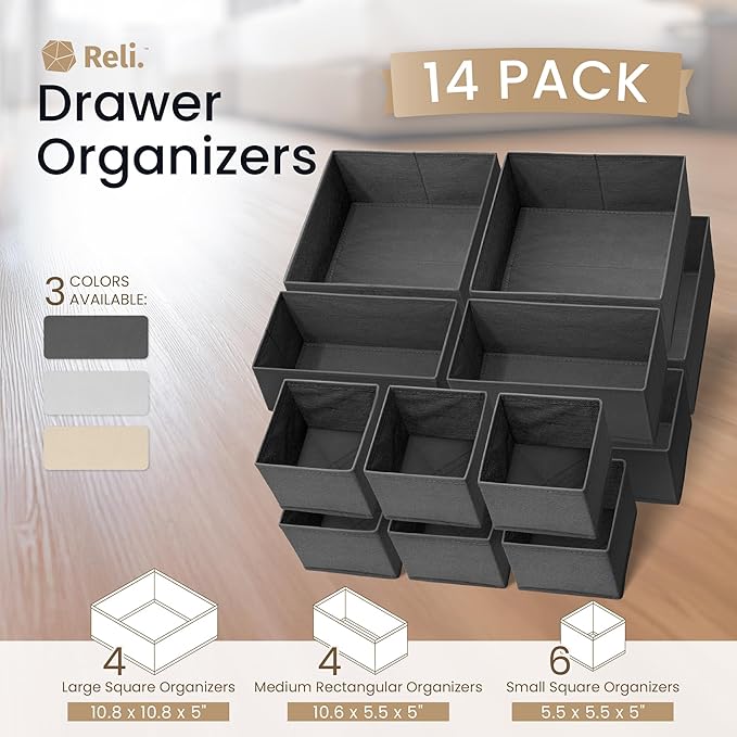Reli. Drawer Organizer Clothes (14 Pack) | Dresser Organizer for Clothing | Drawer Bins for Bras, Nursery, Baby Clothes, Underwear, Socks | Foldable Fabric Dresser Storage Dividers (Gray)