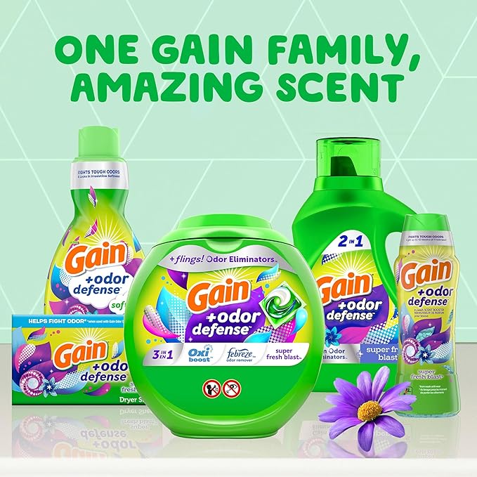 Gain + Odor Defense Liquid Laundry Detergent, Super Fresh Blast Scent, 107 Loads, HE Compatible Washing Soap (Packaging May Vary)