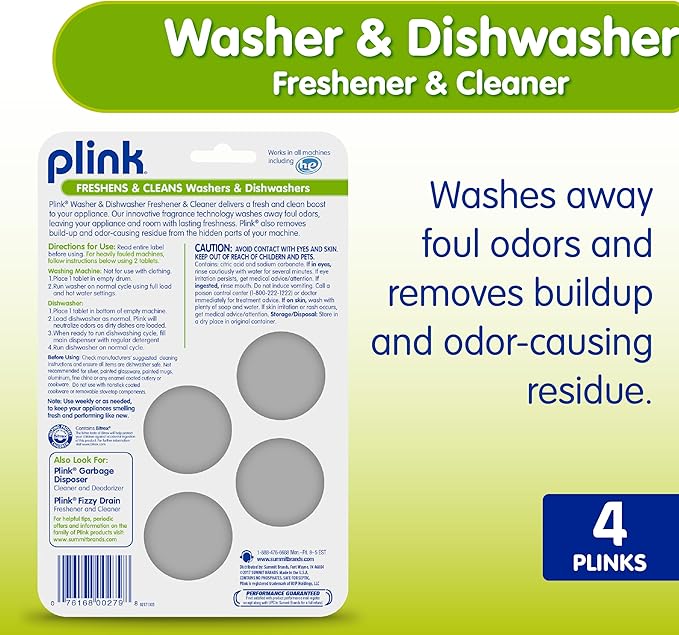 Plink Washer and Dishwasher Freshener and Cleaner, Prevents Residue, Removes Odors in Kitchen and Laundry Room Appliances, Septic-Friendly, Fresh Lemon Scent, 2 Packs of 4, 8 Tablets Total