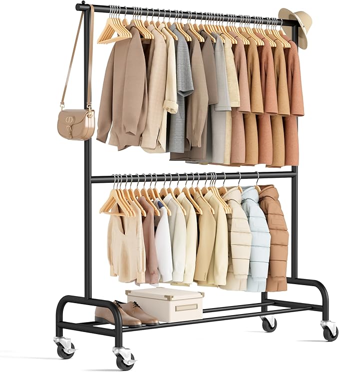 MISSLO Heavy Duty Clothes Rack for Hanging Clothes Rolling Clothing Rack Heavy Duty on Wheels for Coat, Garment, Matte Black (Double Rod)