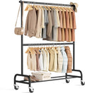 MISSLO Heavy Duty Clothes Rack for Hanging Clothes Rolling Clothing Rack Heavy Duty on Wheels for Coat, Garment, Matte Black (Double Rod)