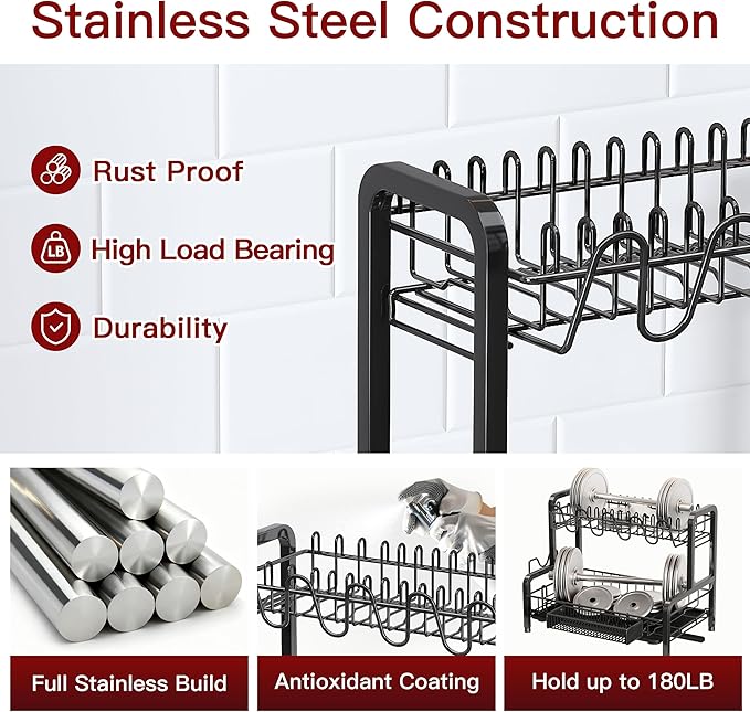 2 Tier Dish Drainers Drying Rack for Kitchen Counter Large Stainless Steel Dishes Drain with Drainboard, Space Saving, Big Modern Black Countertop Metal Plates Dryer Strainer Holder and Extra Tray