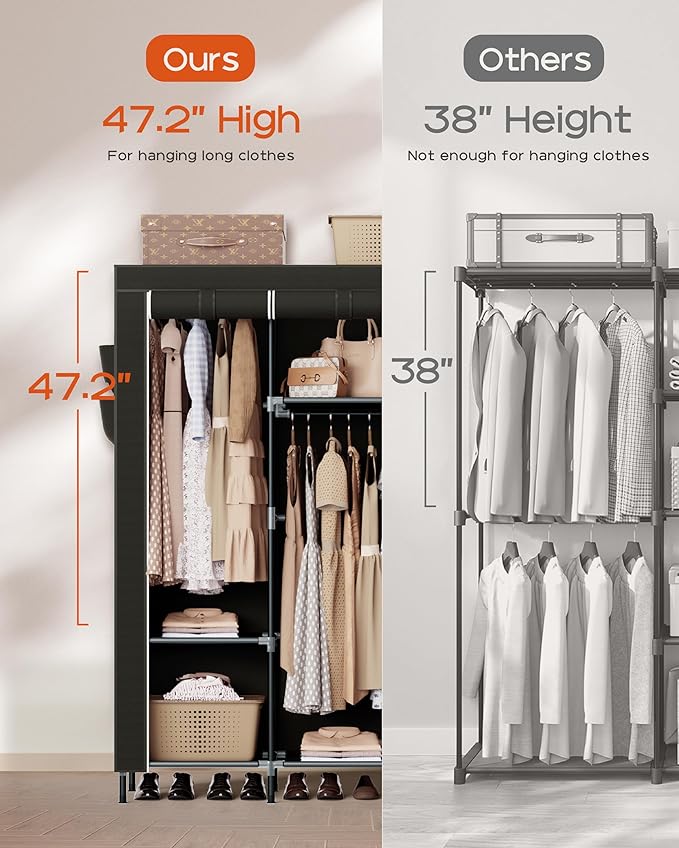 CASAMAYA Portable Closet, 51.2 Inch Large Capacity Wardrobe Closet with Cover, Clothes Storage Organizer with Shelves and 3 Hanging Rods, Easy to Assembly, Black PCT203B01