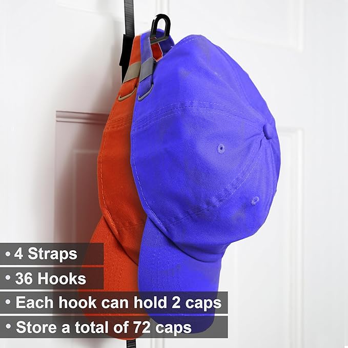 Perfect Curve Hat Organizer CapRack 2-Pack | Over-The-Door Hat Rack and Organizer | Baseball Cap Rack | Hat Rack for Door | 4 Straps | Holds 36 to 72 Adjustable Caps |Black