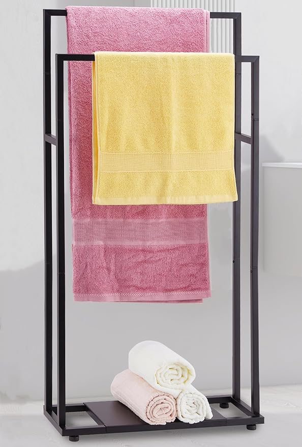 Towel Racks for Bathroom, 39'' Tall 2 Tier Bathroom Towel Stand with Storage Shelves, Modern Standing Pool Drying Rack for Outdoor, Black, ALHAKIN