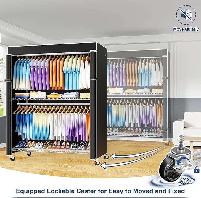 ULIFHOME P8C Max Heavy Duty Clothes Rack（With Extended Width Design） Rolling Clothing Racks for Hanging Clothes with Lockable Wheels，51.2"W x 15.8"D x 80.5"H，Load 700LBS，White Rack with Black Cover