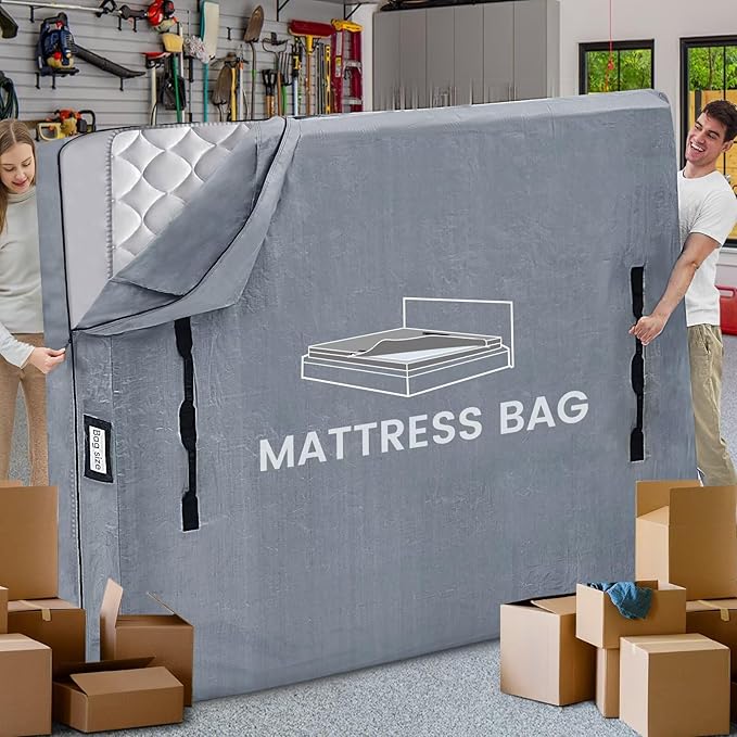 Mattress Bags for Moving and Storage, BETU Waterproof Mattress Protector King Mattress Cover with 8 Heavy Duty Handles and Zipper Extra Thick Moving Supplies for Bed Reusable (82x79x13.5 Grey)