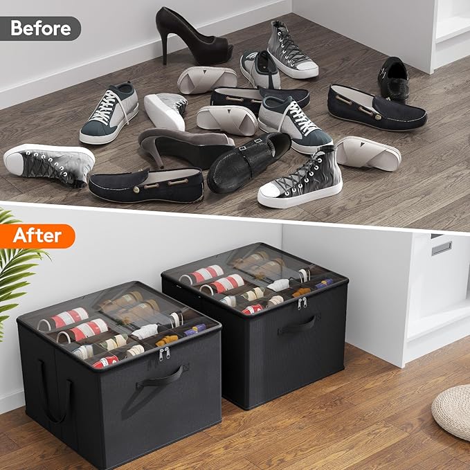 Lifewit Shoe Storage Organizer for Closet, Fabric Large Shoe Box Storage Containers with Clear Cover, Foldable Bins for Boots Heels Sneakers Fits 12-16 Pairs, 1 Pack Black