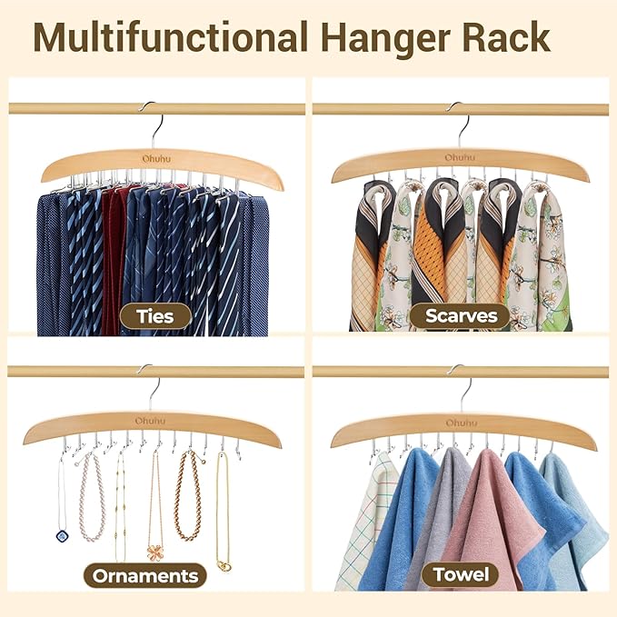 Tie Rack Hanger for Closet: Ohuhu 2 Packs 24 Folding Hooks Tie Hangers for Men Wooden Tie Holder Organizer Space Saving Necktie Storage 360 Degree Rotating Ties Belts Scarves Tank Tops-Burlywood