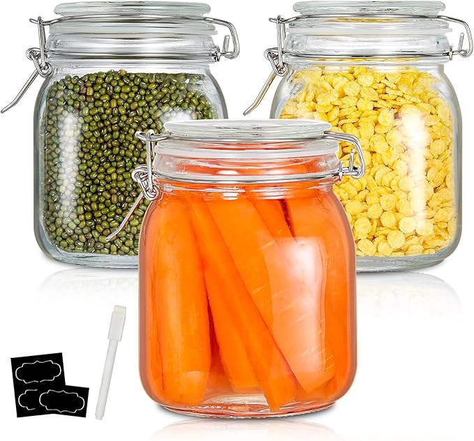 YEBODA 32oz Food Storage Canister Glass Jars with Clamp Airtight Lids and Silicone Gaskets for Multi-Purpose Kitchen Containers - Clear Square (3 Pack)