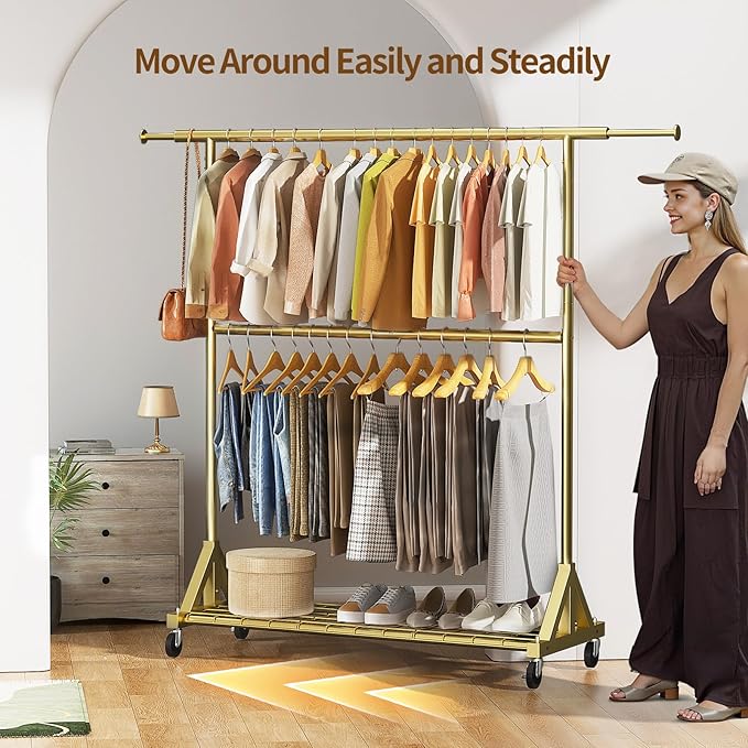 Luxspire Heavy Duty Clothes Rack Load 600 LBS, Double Rod Clothing Rack, Rolling Garment Racks with Lockable Wheels, Shelves, Adjustable Laundry Hanging Racks for Clothes, Gold