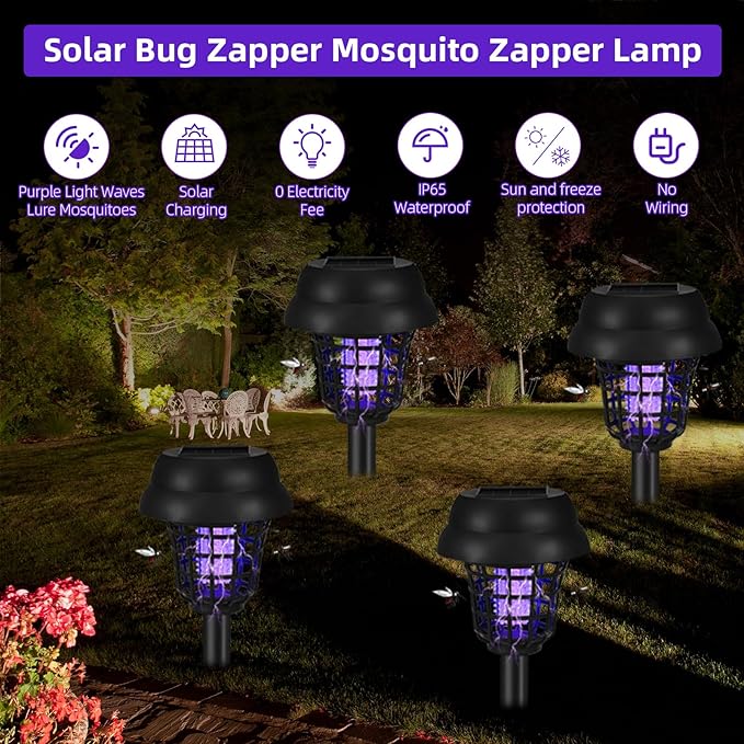Solar Bug Zapper Outdoor Waterproof Solar Powered Mosquito Zapper Repellent Outdoor Patio,Cordless & Auto On/Off Small Fly Insect Zappers for Garden Backyard Gnat Bug Lamp for Outside,Pack of 4