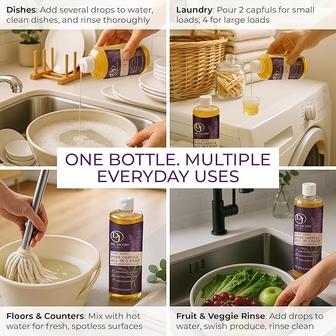 Dr. Jacobs Naturals Lavender Castile All-in-One Cleaner and Soap - Plant-Based Formula for House Cleaning Floors and Appliances - Gentle on Skin and the Planet - 32 oz, 1 Pack