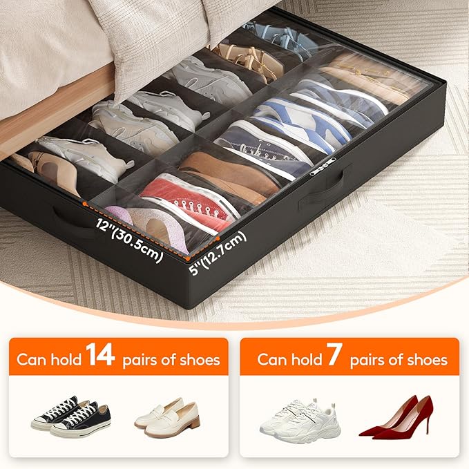Lifewit Under Bed Shoe Storage Organizer 2 Pack(14 Pairs), 4.3" Tall Fabric Shoes Container Box, Foldable Closet Shoe Bag with 2 Reinforced Handles and Clear Cover, Black