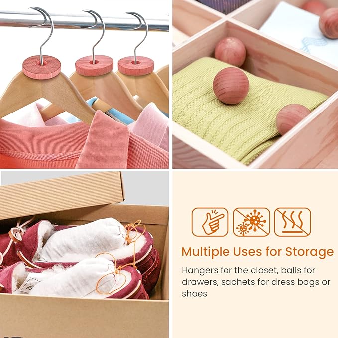 Homode Cedar Blocks for Clothes Storage, Set of 60, Cedar Chips & Sachets - Aromatic Cedar Wood Balls for Closets, Drawers, Fresh Essentials