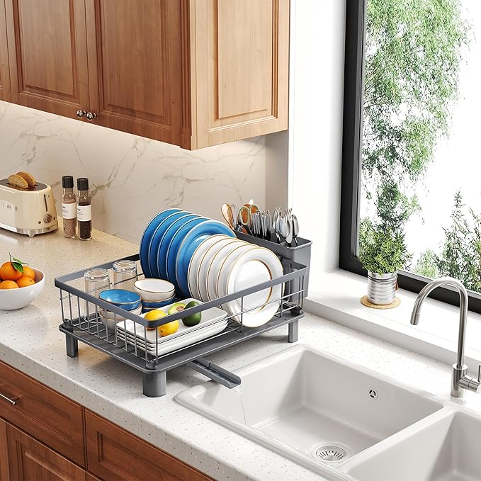 SNTD Dish Drying Rack - Small Dish Rack for Kitchen Counter, Stainless Steel Dish Drainer with Utensil Holder and Drainboard, 11" W x 15" L (Grey)