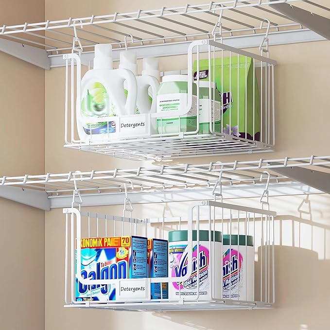 4-Tier Hanging Laundry Room Organizer with Label Cards,Foldable Wire Shelf Basket with 4 Rotating Hooks,Stacked Laundry Basket Organizer,Storage Rack for Laundry Rooms,Closet and Pantry-White