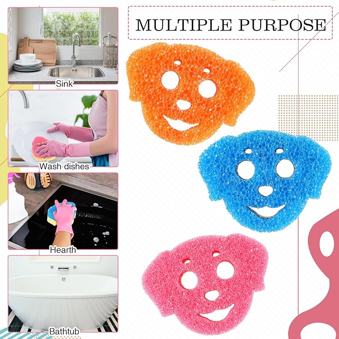3 Pcs Dual Sided Scrub Sponge Multi Functional Cute Temperature Sensitive Non Scratch Dish Sponge for Washing Dishes Kitchen Bathroom(Dog,Pink, Orange, Blue)