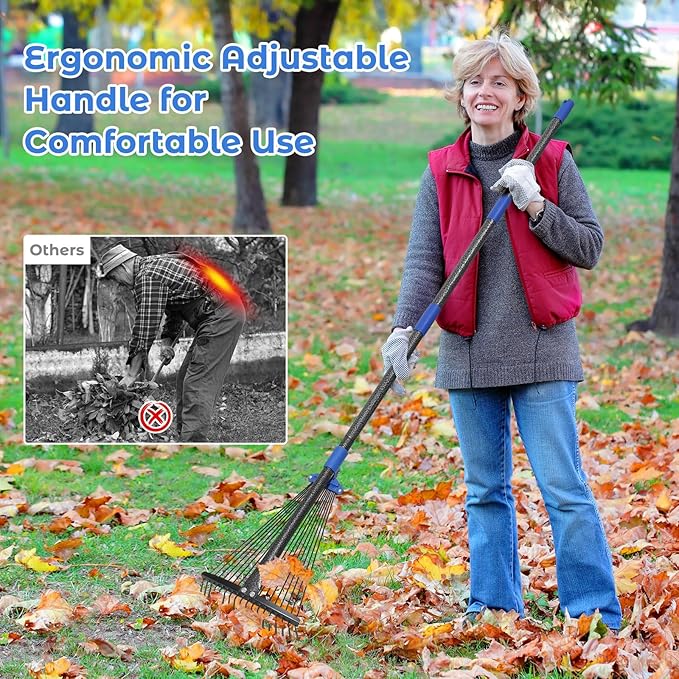 Adjustable Garden Rake for Leaves-Heavy Duty Metal Rake with 8-17" Expandable Head,Long Handle Lawn & Yard for Grass, Shrubs,Flower Beds,Camping,Outdoor Cleaning, Women & Kids