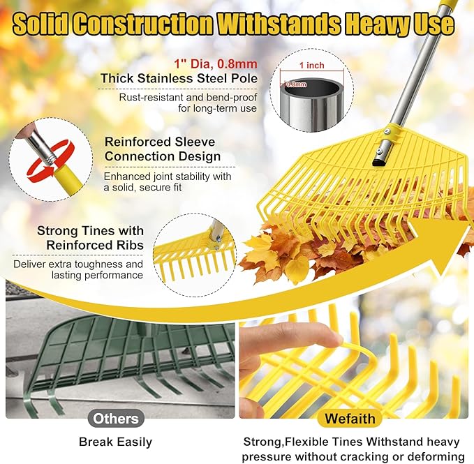 Plastic Garden Rake for Leaves - Lightweight Leaf Rake with Anti-Break Nylon Head, 16.5" Wide, 35–75" Adjustable Yard Rake for Lawn,Gardening,Grass & Pine Needles, Easy for Women, Seniors & Kids