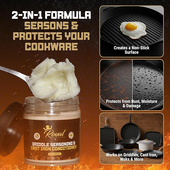 Royal Kitchen Cast Iron & Carbon Steel Seasoning Conditioner 2-IN-1 | Effective For Restoring, Protecting & Conditioning Blackstone Griddle, Cast Iron and Dutch Oven Cookware Food Safe and easy to use conditioner (6.5 Ounce (Pack of 1))
