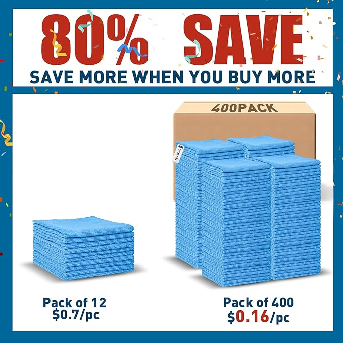 Blue Microfiber Towels Bulk-400 Pack, Cleaning Cloths Bulk, Microfiber Towels for Cars, Cleaning Rags Blue (12x12 inches)