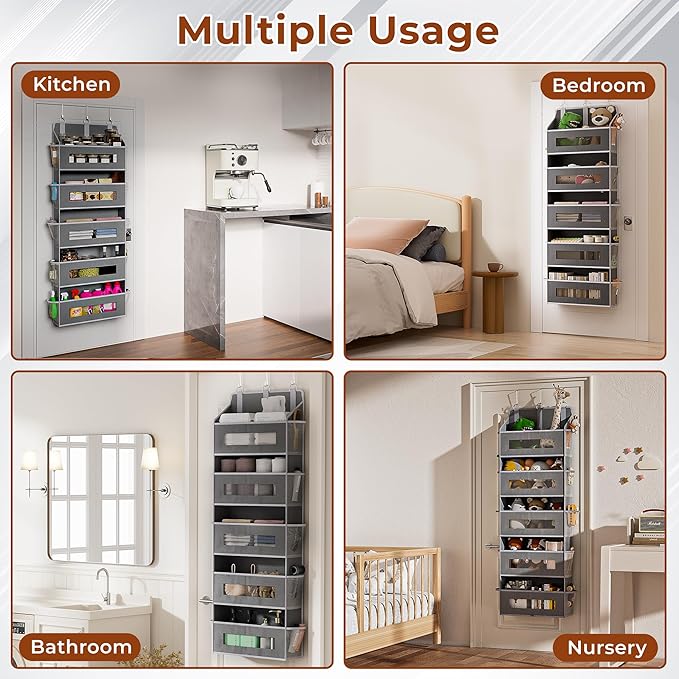 5 Tier Over The Door Organizer - Large Capacity Behind Door Hanging Shelves with 10 Mesh Pockets and Clear Windows, Closet Organizers and Storage for Bathroom, Bedroom, Nursery, 2 Pack Grey