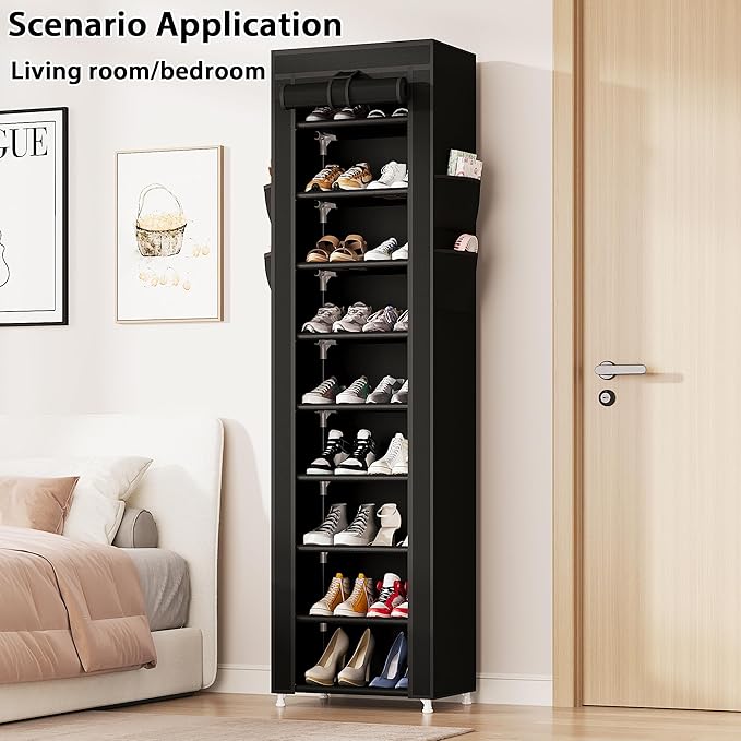 Calmootey 9 Tier Shoe Rack Organizer,Portable Shoe Shelf with Nonwoven Fabric Cover for Closet Hallway,Bedroom,Entryway,17.72x11.81x62.99inches,Black