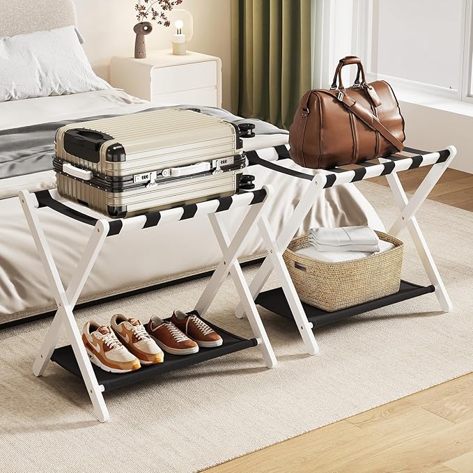 Fully Assembled Luggage Rack, 26.77" Folding Suitcase Stand with Storage Shelf, Bamboo Luggage Stand for Guest Room, Bedroon and Hotel, Holds up to 165 lb, Fit Most Luggage Size, 1 Pack, White