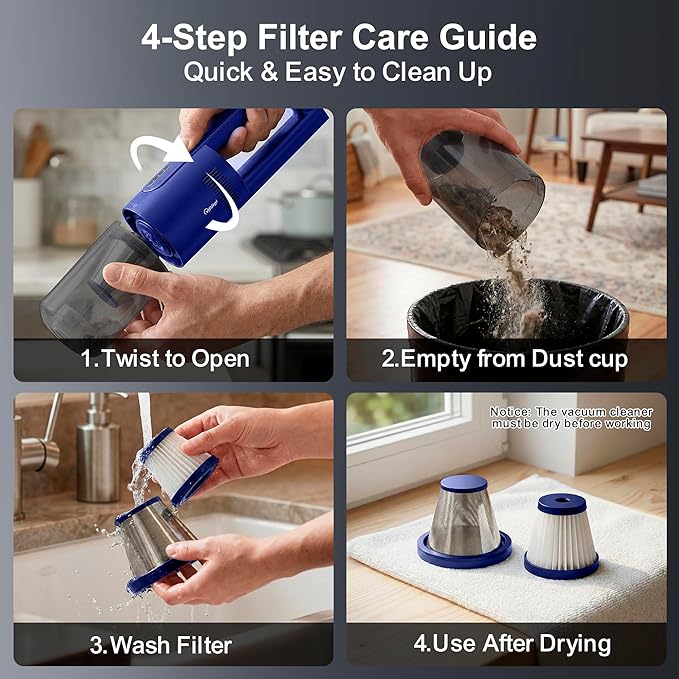 Handheld Vacuum Cordless, 5-in-1 Car Vacuum Portable Cordless 30 Mins Rapid Rechargeable Hand Vacuum Brushless Motor 19000Pa Strong Suction, Dust Busters for Car Home with 4 Nozzles, Blue