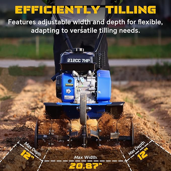212CC 7HP Gas Tiller, 22" Adjustable Width, 4-Cycle Engine Cultivator with Instant Reverse, Heavy-Duty Steel Tines for Hard Soil, New Ground Breaking, Weed & Deep Cultivation (Blue)