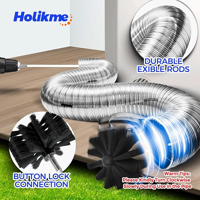 Holikme 32 Feet Dryer Vent Cleaner Kit, Lint Remover,Fireplace Chimney Brushes, Extends Up to 32 Feet, Synthetic Brush Head, Use with or Without a Power Drill