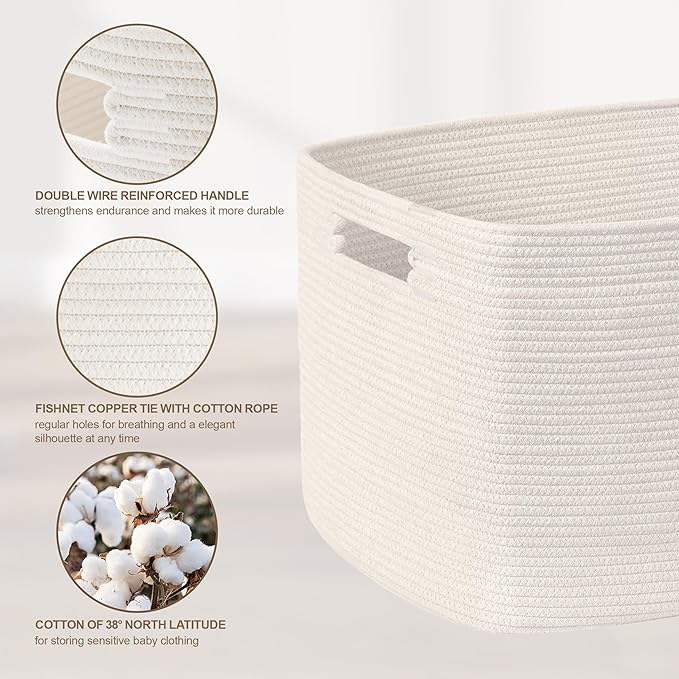 60L Small Baby Girls Laundry Basket for Nursery Storage,Cute Woven cotton Rope Baskets for Kids Toy，Gifts,Boho Square Wicker Blanket hamper for Living Room,Bedroom Dirty Clothes, White