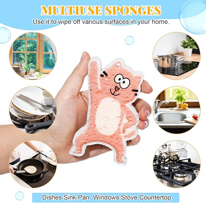 8 Pack Cute Kitchen Sponges Dish Set Compressed Non-Scratch Reusable Kitchen Cleaning Household Sponges for Dishes, Pans, Kitchen, Fruit, Plate, Bathroom(Cat)