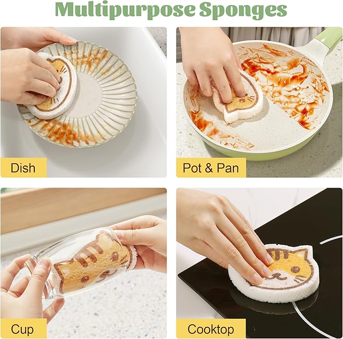 JOYMOOP Cartoon Kitchen Sponge, Cellulose Sponges for Cleaning, 4 Pack Non-Scratch Sponges for Dishes, Reusable Sponge for Household Cleaning - Kitten Pattern